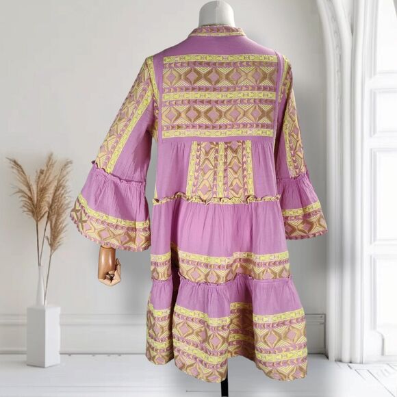 Lace the Label Tiered Embroidered Mini Dress Size M Pink Bell Sleeve Boho Geo - Picture 3 of 15